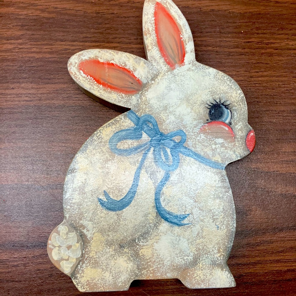 Hand painted wood rabbit about 8 inches tall